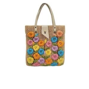 Vintage Floral Flowers Straw Hand Bag Purse Tote Phillipines